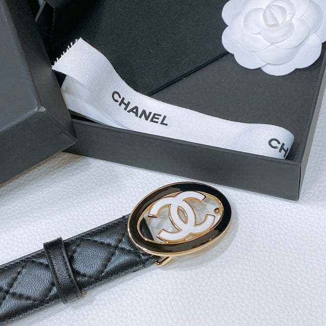 CC 30MM BELT IN BLACK EMBROIDERED CALFSKIN WHITE MIX BLACK METAL LOGO GOLD HARDWARE