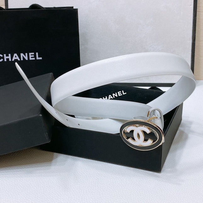 CC 30MM BELT IN WHITE SMOOTH CALFSKIN WHITE MIX BLACK METAL HARDWARE