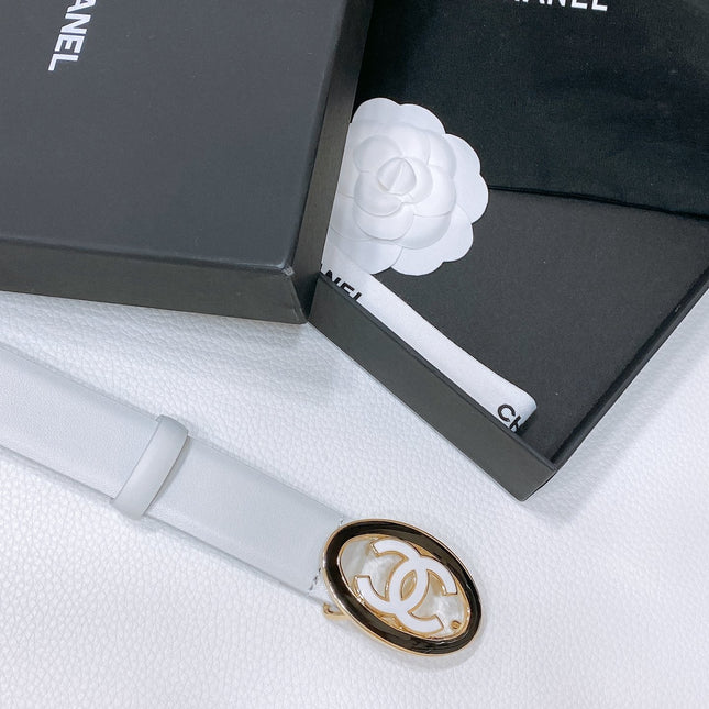 CC 30MM BELT IN WHITE SMOOTH CALFSKIN WHITE MIX BLACK METAL HARDWARE