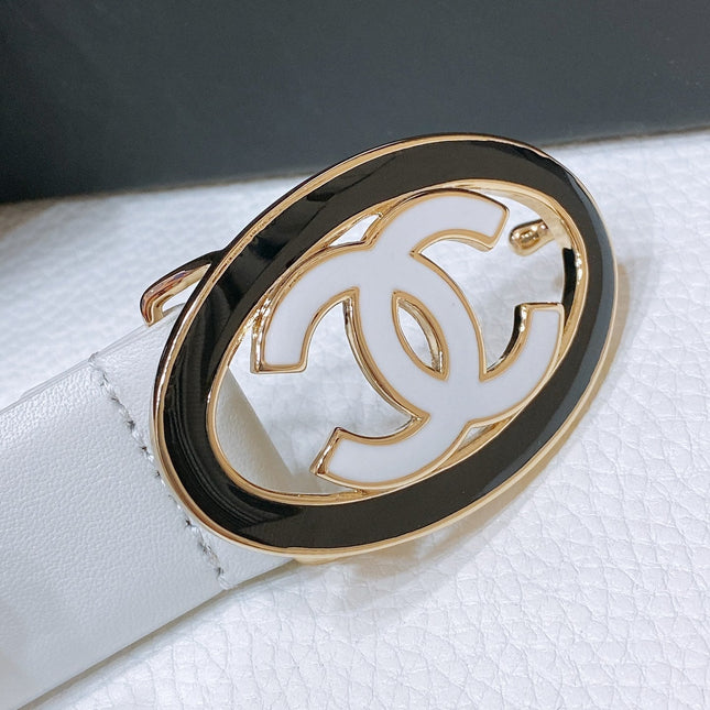 CC 30MM BELT IN WHITE SMOOTH CALFSKIN WHITE MIX BLACK METAL HARDWARE