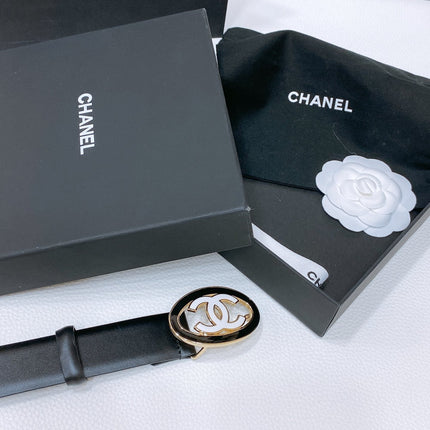 CC 30MM BELT IN BLACK SMOOTH CALFSKIN WHITE MIX BLACK METAL HARDWARE