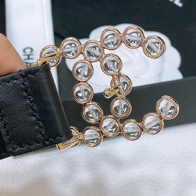 CC BELT 30 MM IN BLACK CALFSKIN PEARL LOGO WITH GOLD HARDWARE