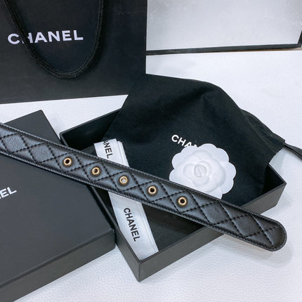 CC BELT 30 MM IN BLACK EMBROIDERED CALFSKIN PEARL LOGO WITH GOLD HARDWARE