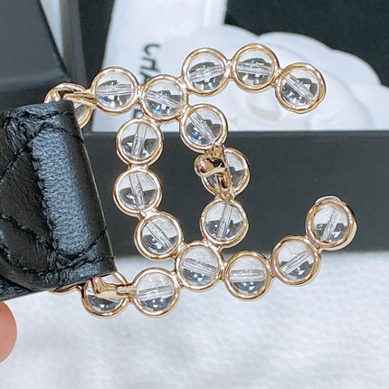 CC BELT 30 MM IN BLACK EMBROIDERED CALFSKIN PEARL LOGO WITH GOLD HARDWARE