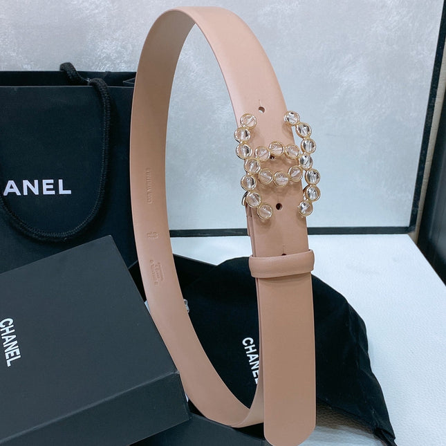 CC BELT 30 MM IN ALMOND BEIGE CALFSKIN PEARL LOGO WITH GOLD HARDWARE