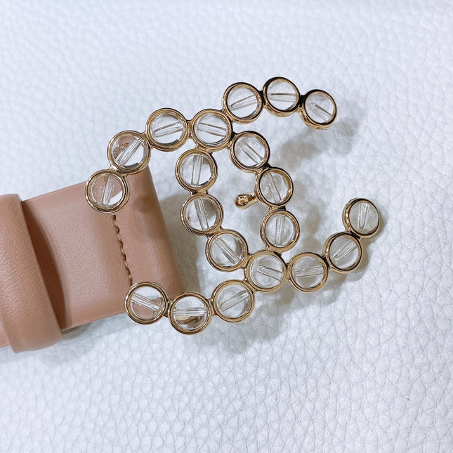 CC BELT 30 MM IN ALMOND BEIGE CALFSKIN PEARL LOGO WITH GOLD HARDWARE