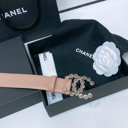 CC BELT 30 MM IN ALMOND BEIGE CALFSKIN PEARL LOGO WITH GOLD HARDWARE