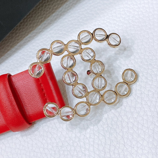 CC BELT 30 MM IN CHERRY RED CALFSKIN PEARL LOGO WITH GOLD HARDWARE