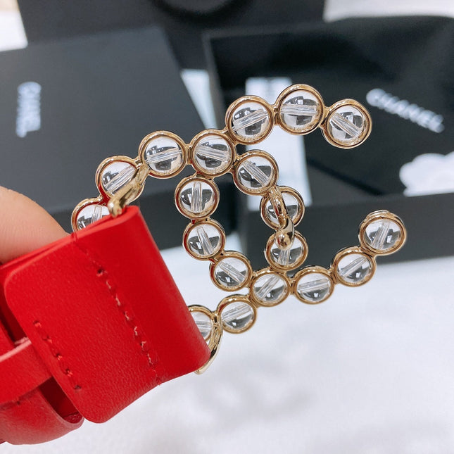 CC BELT 30 MM IN CHERRY RED CALFSKIN PEARL LOGO WITH GOLD HARDWARE