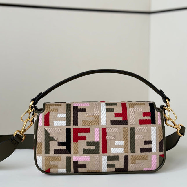 BAGUETTE CANVAS 27 BAG WITH MULTICOLOUR FF EMBROIDERY GOLD HARDWARE