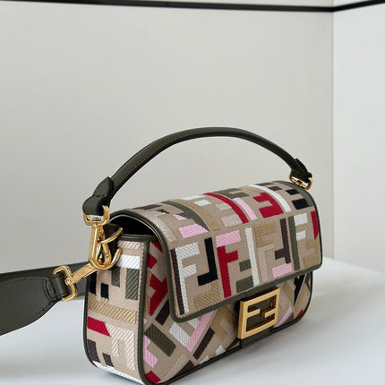 BAGUETTE CANVAS 27 BAG WITH MULTICOLOUR FF EMBROIDERY GOLD HARDWARE
