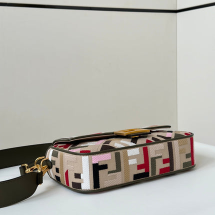 BAGUETTE CANVAS 27 BAG WITH MULTICOLOUR FF EMBROIDERY GOLD HARDWARE