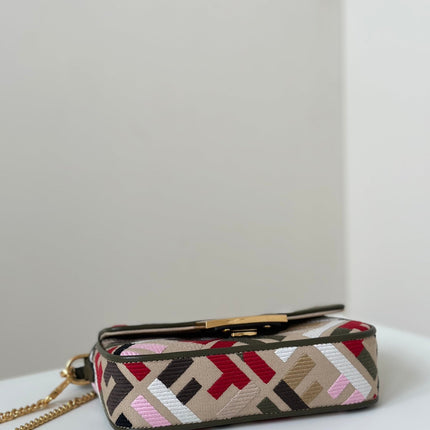BAGUETTE CANVAS 19 BAG WITH MULTICOLOUR FF EMBROIDERY GOLD HARDWARE