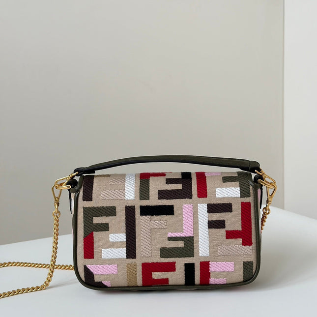 BAGUETTE CANVAS 19 BAG WITH MULTICOLOUR FF EMBROIDERY GOLD HARDWARE