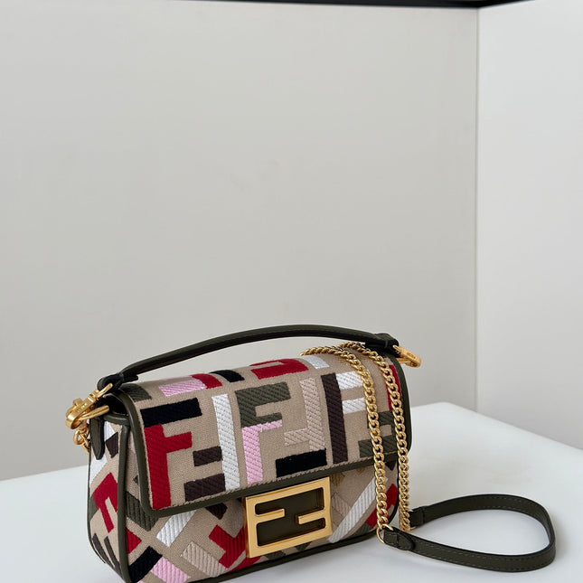 BAGUETTE CANVAS 19 BAG WITH MULTICOLOUR FF EMBROIDERY GOLD HARDWARE