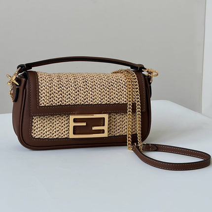 FENDI BAGUETTE 20 BAG IN BEIGE RAFFIA AND BROWN CALFSKIN WITH GOLD HARDWARE