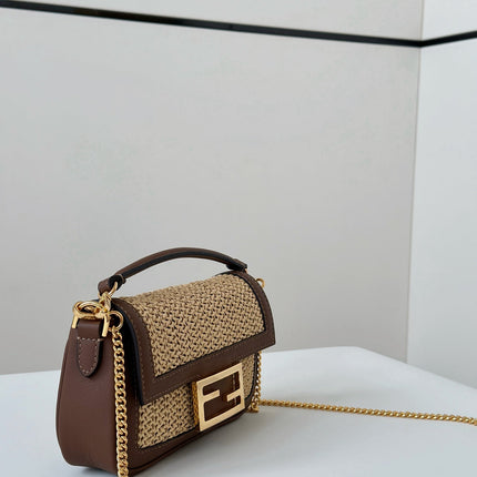 FENDI BAGUETTE 20 BAG IN BEIGE RAFFIA AND BROWN CALFSKIN WITH GOLD HARDWARE