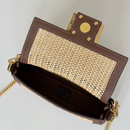 FENDI BAGUETTE 20 BAG IN BEIGE RAFFIA AND BROWN CALFSKIN WITH GOLD HARDWARE