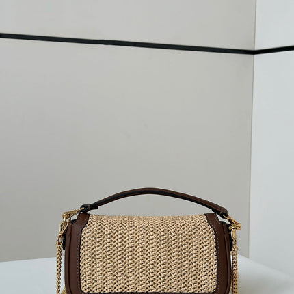 FENDI BAGUETTE 20 BAG IN BEIGE RAFFIA AND BROWN CALFSKIN WITH GOLD HARDWARE