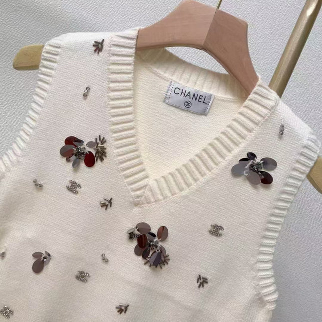 CC Sequined ribbed V-neck knitted vest