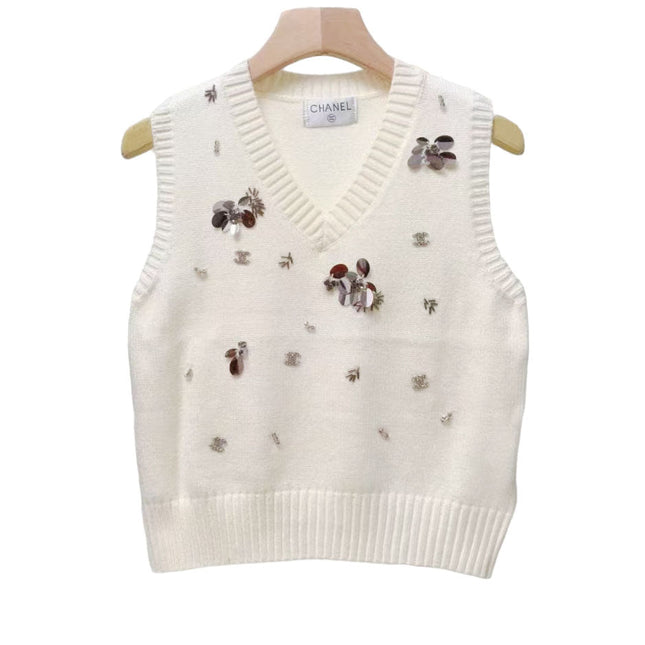 CC Sequined ribbed V-neck knitted vest
