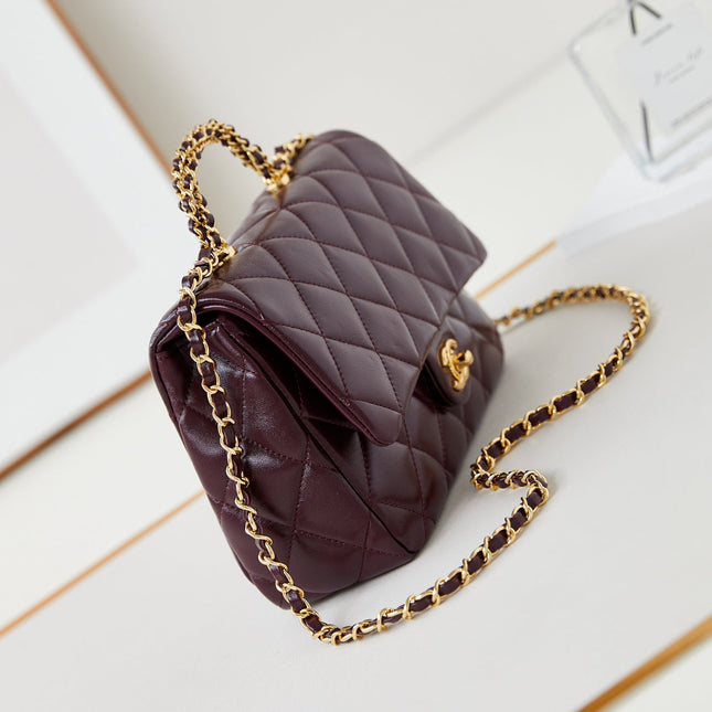 FLAP BAG WITH TOP HANDLE 25 IN WINE RED OIL-WAX LAMBSKIN GOLD HARDWARE