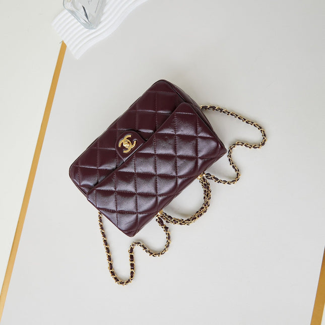 FLAP BAG WITH TOP HANDLE 25 IN WINE RED OIL-WAX LAMBSKIN GOLD HARDWARE