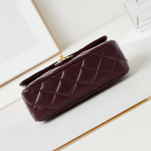 FLAP BAG WITH TOP HANDLE 25 IN WINE RED OIL-WAX LAMBSKIN GOLD HARDWARE