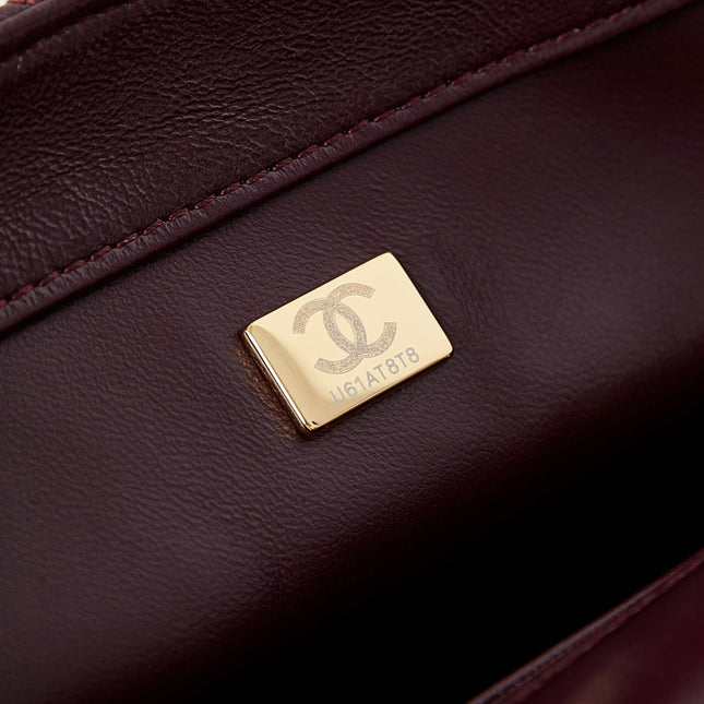 FLAP BAG WITH TOP HANDLE 25 IN WINE RED OIL-WAX LAMBSKIN GOLD HARDWARE