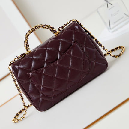 FLAP BAG WITH TOP HANDLE 25 IN WINE RED OIL-WAX LAMBSKIN GOLD HARDWARE