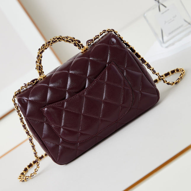 FLAP BAG WITH TOP HANDLE 25 IN WINE RED OIL-WAX LAMBSKIN GOLD HARDWARE