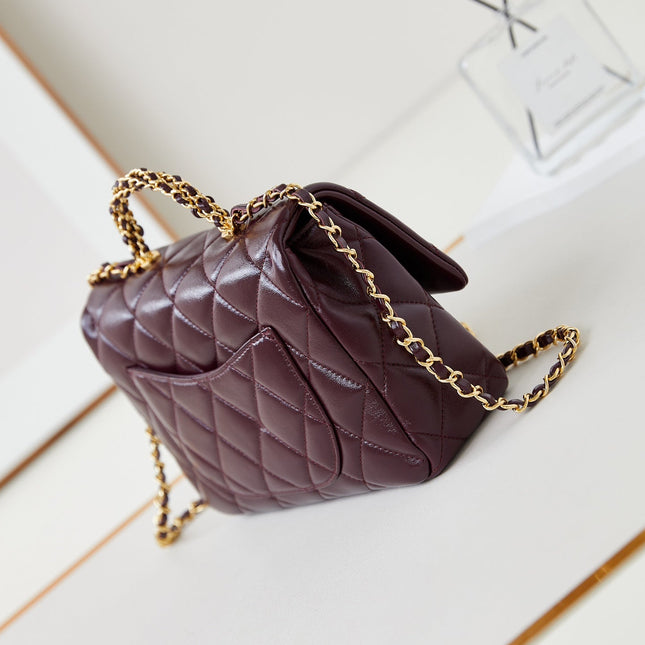 FLAP BAG WITH TOP HANDLE 25 IN WINE RED OIL-WAX LAMBSKIN GOLD HARDWARE