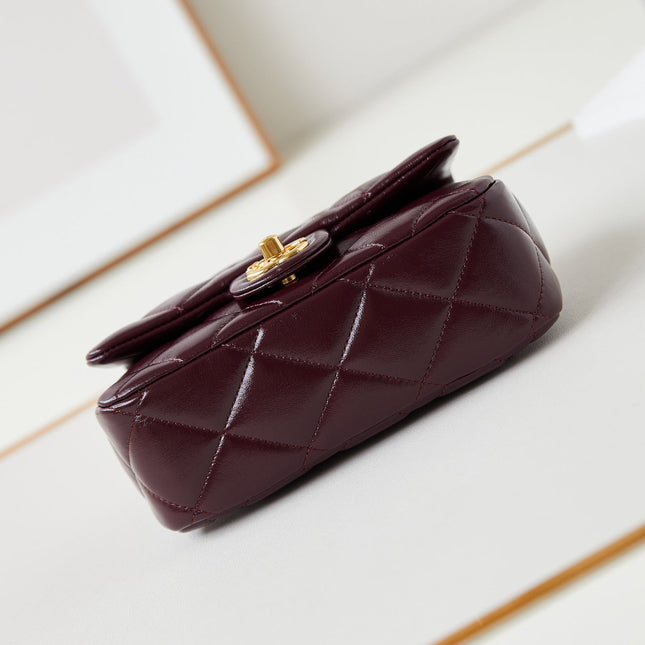 FLAP BAG WITH TOP HANDLE 18 IN WINE RED OIL-WAX LAMBSKIN GOLD HARDWARE