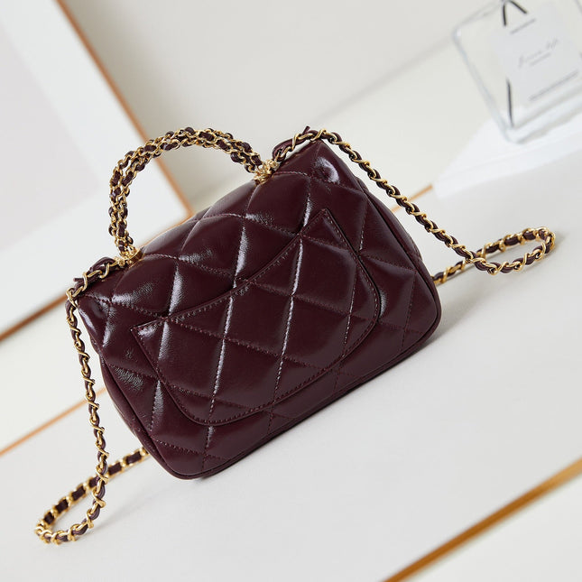 FLAP BAG WITH TOP HANDLE 18 IN WINE RED OIL-WAX LAMBSKIN GOLD HARDWARE