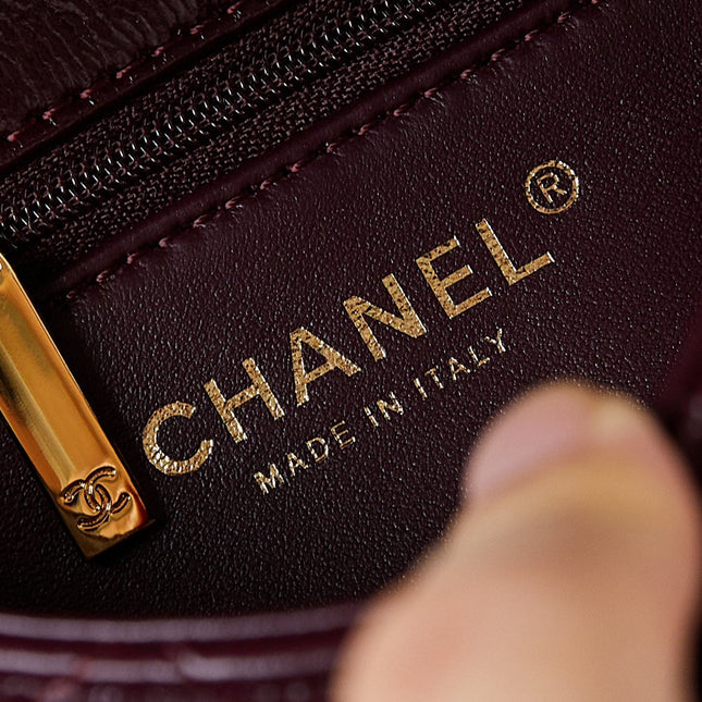FLAP BAG WITH TOP HANDLE 18 IN WINE RED OIL-WAX LAMBSKIN GOLD HARDWARE