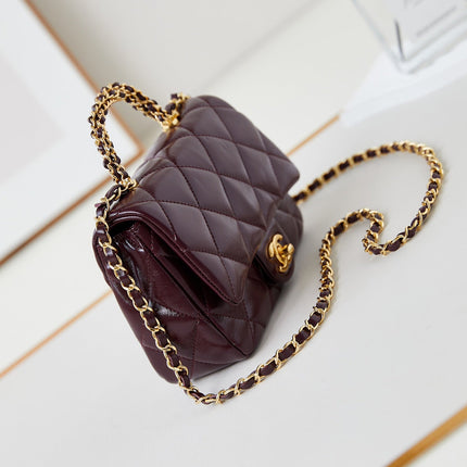 FLAP BAG WITH TOP HANDLE 18 IN WINE RED OIL-WAX LAMBSKIN GOLD HARDWARE