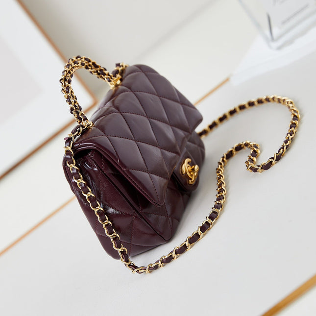 FLAP BAG WITH TOP HANDLE 18 IN WINE RED OIL-WAX LAMBSKIN GOLD HARDWARE