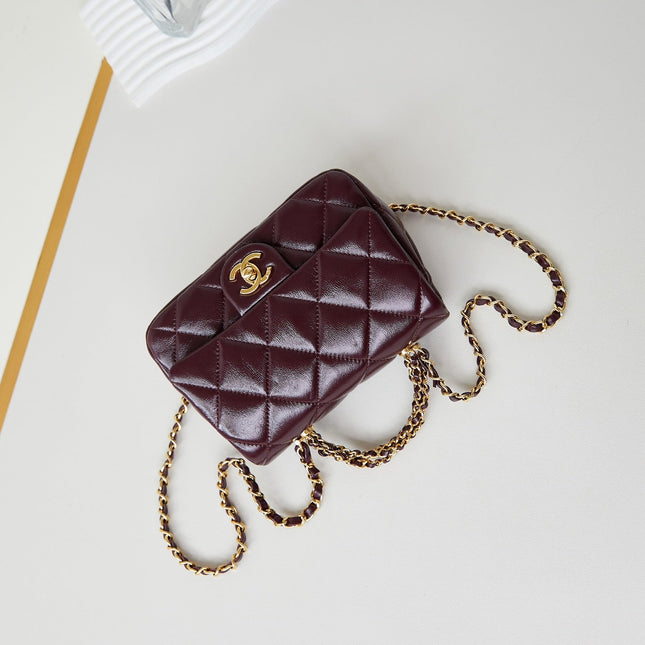 FLAP BAG WITH TOP HANDLE 18 IN WINE RED OIL-WAX LAMBSKIN GOLD HARDWARE