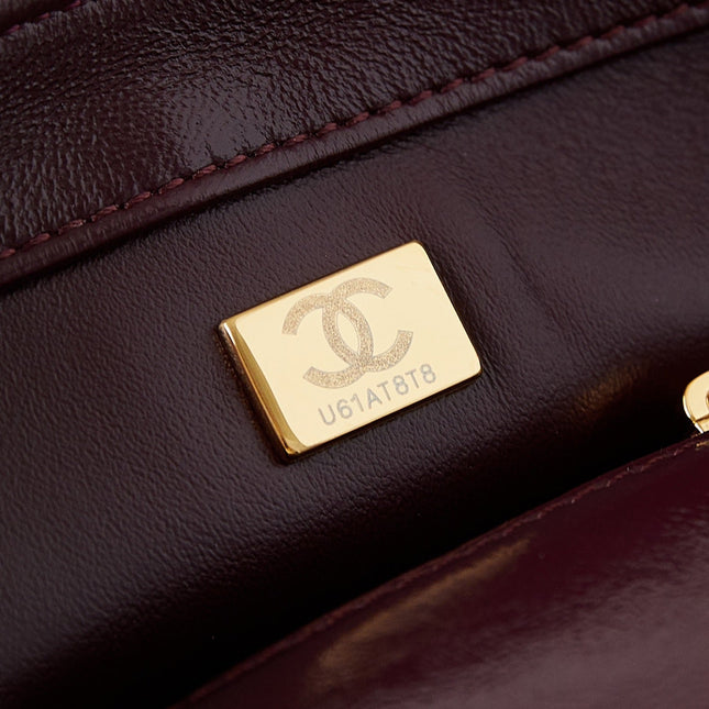 FLAP BAG WITH TOP HANDLE 18 IN WINE RED OIL-WAX LAMBSKIN GOLD HARDWARE