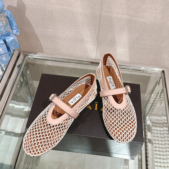 ALAIA BALLET FLATS IN NUDE BEIGE MESH