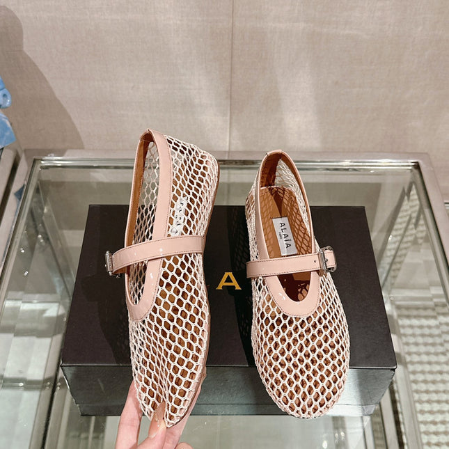 ALAIA BALLET FLATS IN NUDE BEIGE MESH