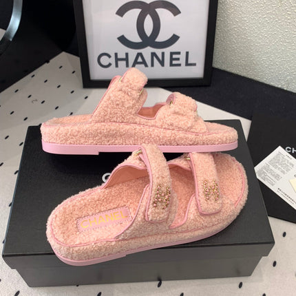 CC DAD SANDAL MULE IN ROSE PINK LAMB FUR