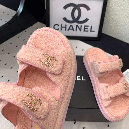 CC DAD SANDAL MULE IN ROSE PINK LAMB FUR
