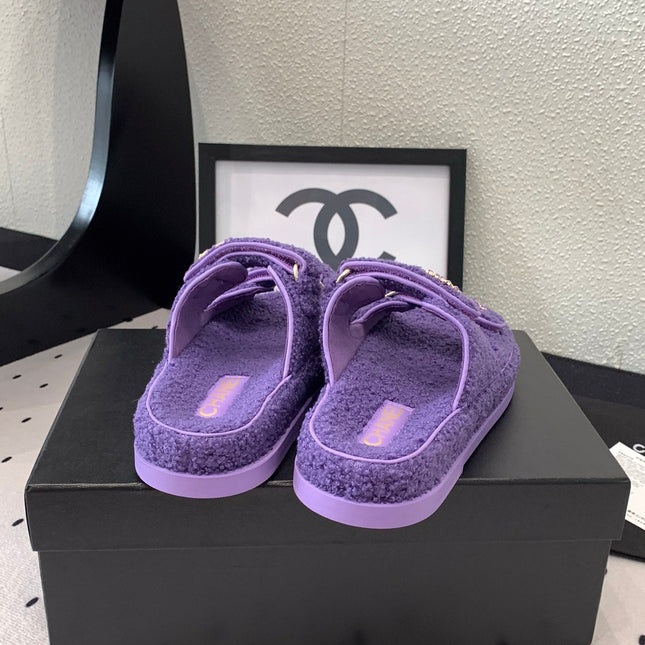 CC DAD SANDAL MULE IN PLUM PURPLE LAMB FUR