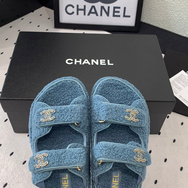 CC DAD SANDAL MULE IN AEGEAN BLUE LAMB FUR