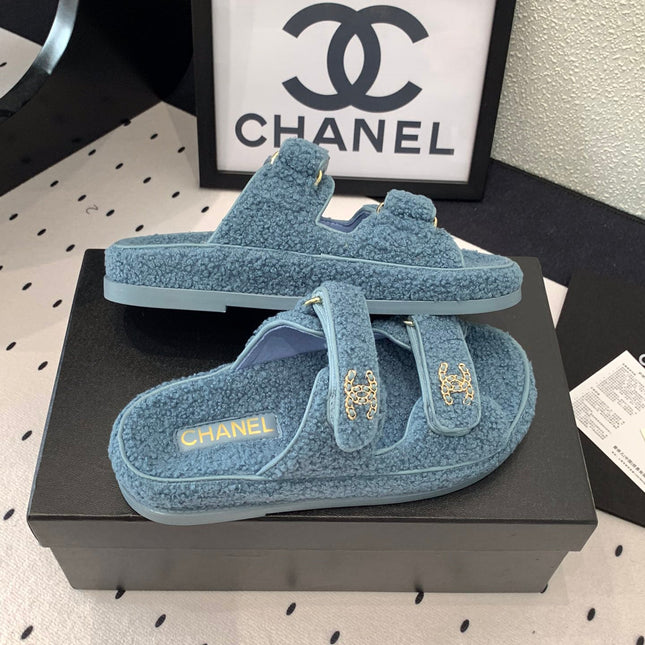 CC DAD SANDAL MULE IN AEGEAN BLUE LAMB FUR