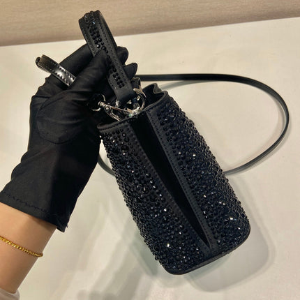 PANIER BUCKET BAG 16 IN BLACK CALFSKIN ATTACHED FULL CRYSTALS