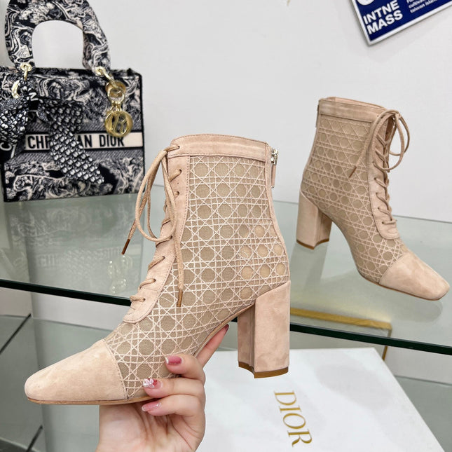 NAUGHTILY-D HEELED ANKLE BOOT IN BISQUE BEIGE CANNAGE MOTIF MESH AND SUEDE 8 CM