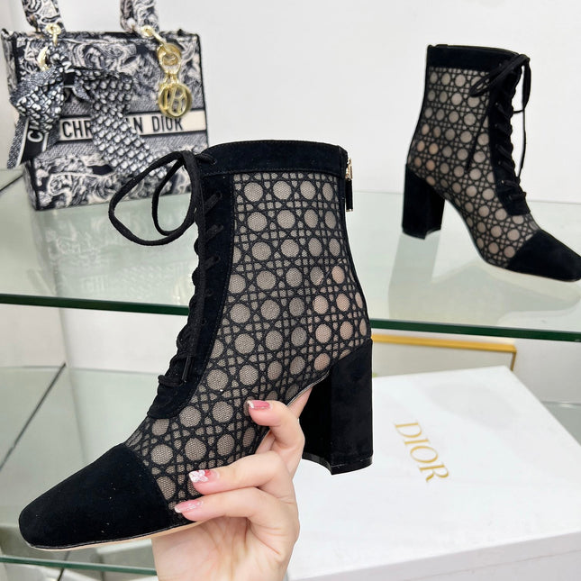 NAUGHTILY-D HEELED ANKLE BOOT IN BLACK CANNAGE MOTIF MESH AND SUEDE 8 CM