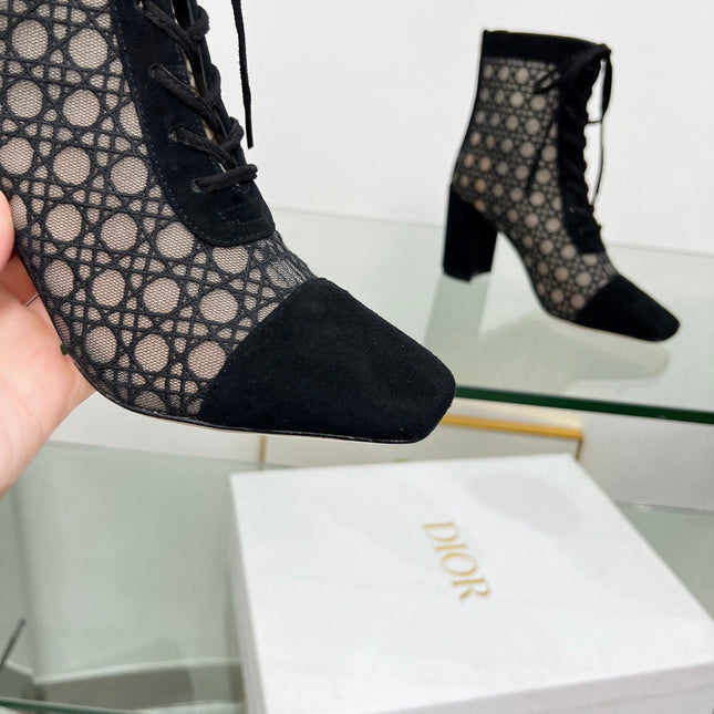 NAUGHTILY-D HEELED ANKLE BOOT IN BLACK CANNAGE MOTIF MESH AND SUEDE 8 CM